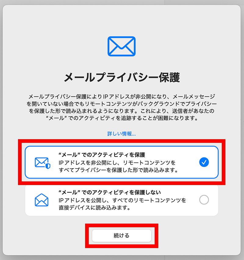 説明図：["メール"でのアクティビティを保護]選択位置